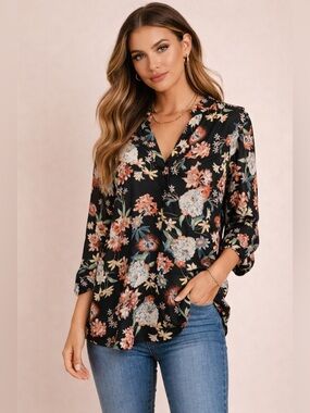 Liberty Love Ladies Size XL Black Multicolor Floral Blouse